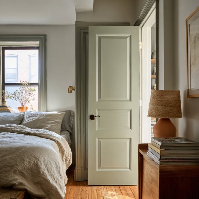 Sage green door in a cozy, sunlit rustic bedroom.