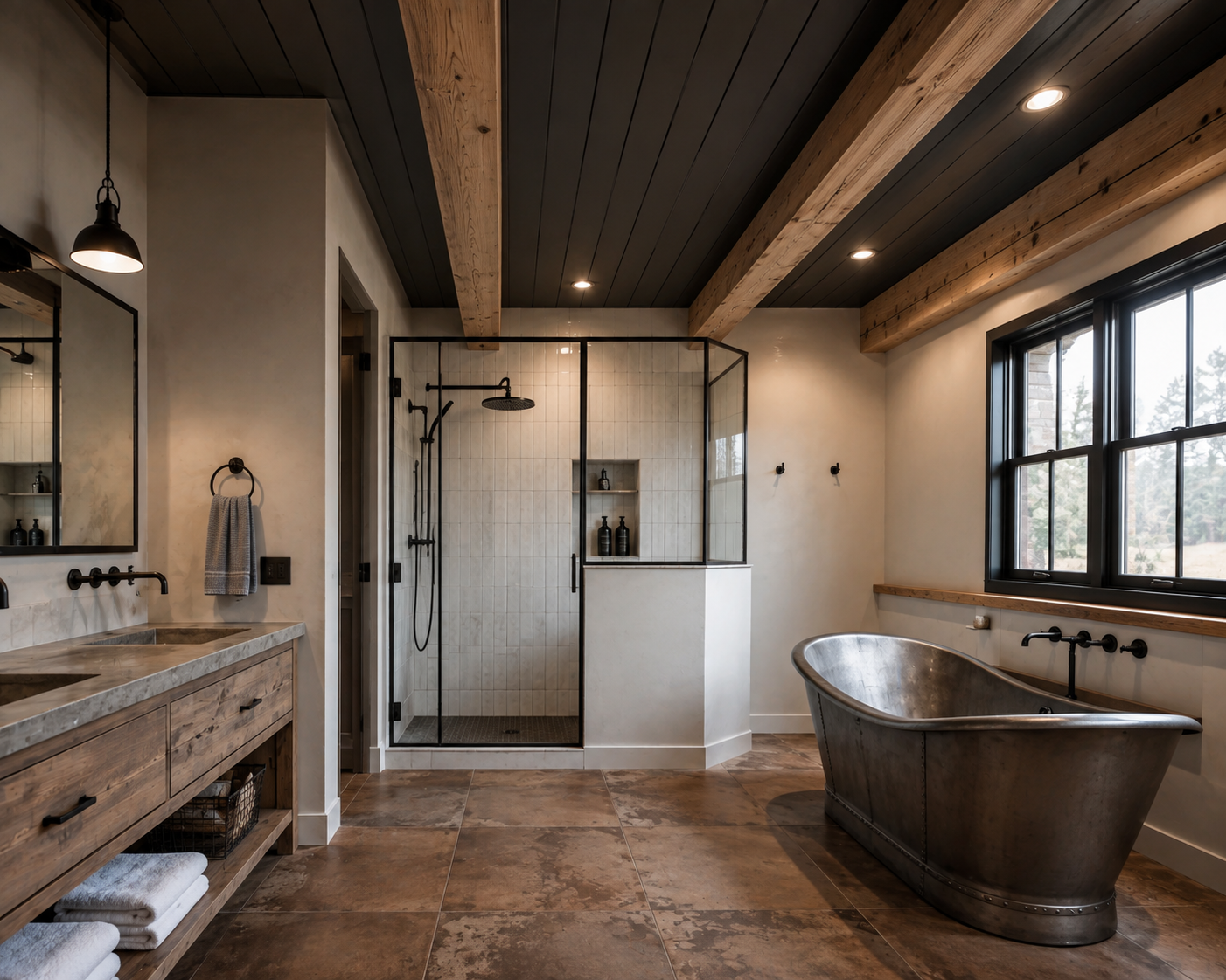 Shiplap bathroom ceiling with beams