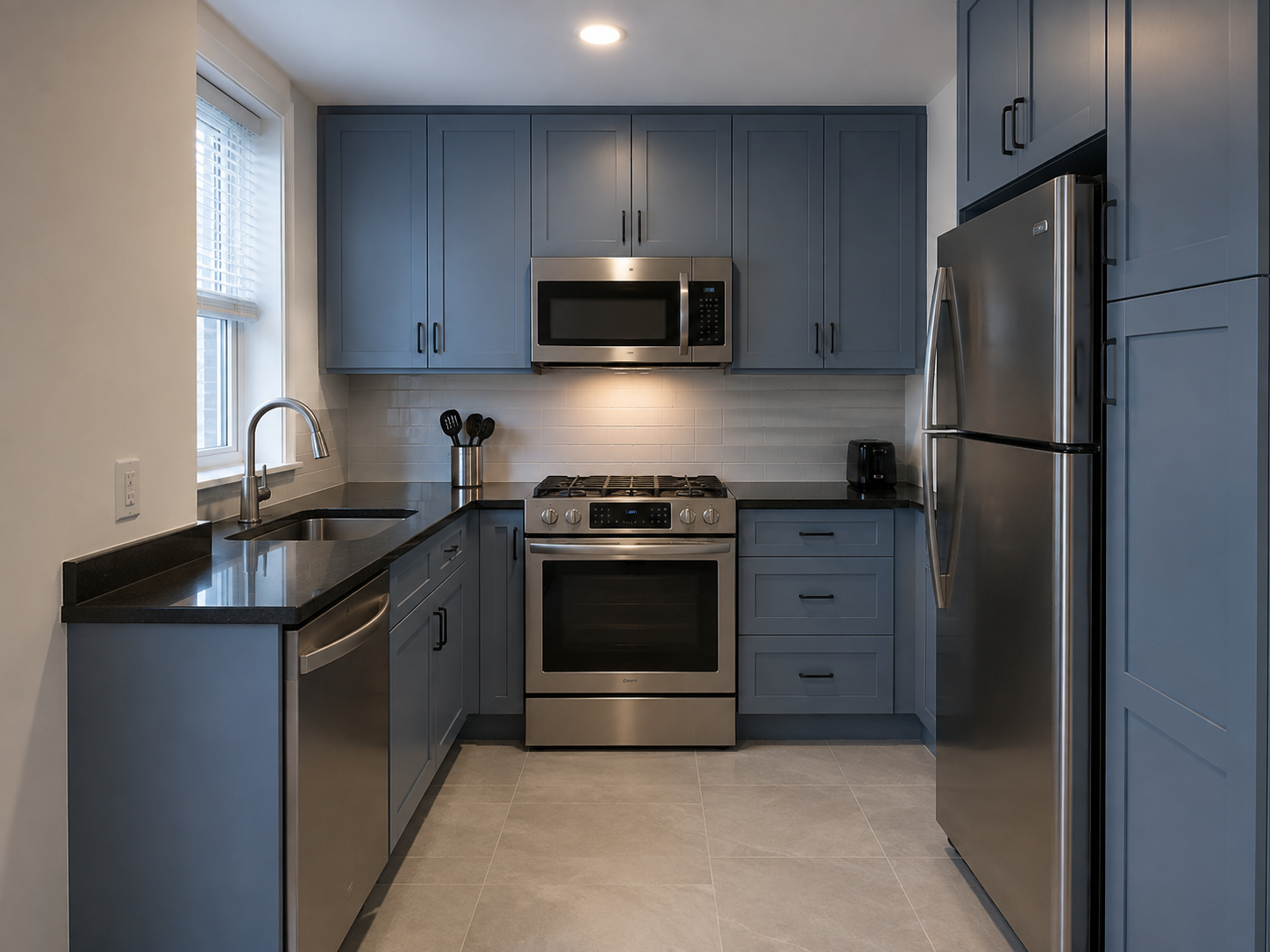 Simple Apartment Blue Cabinets Black Countertops