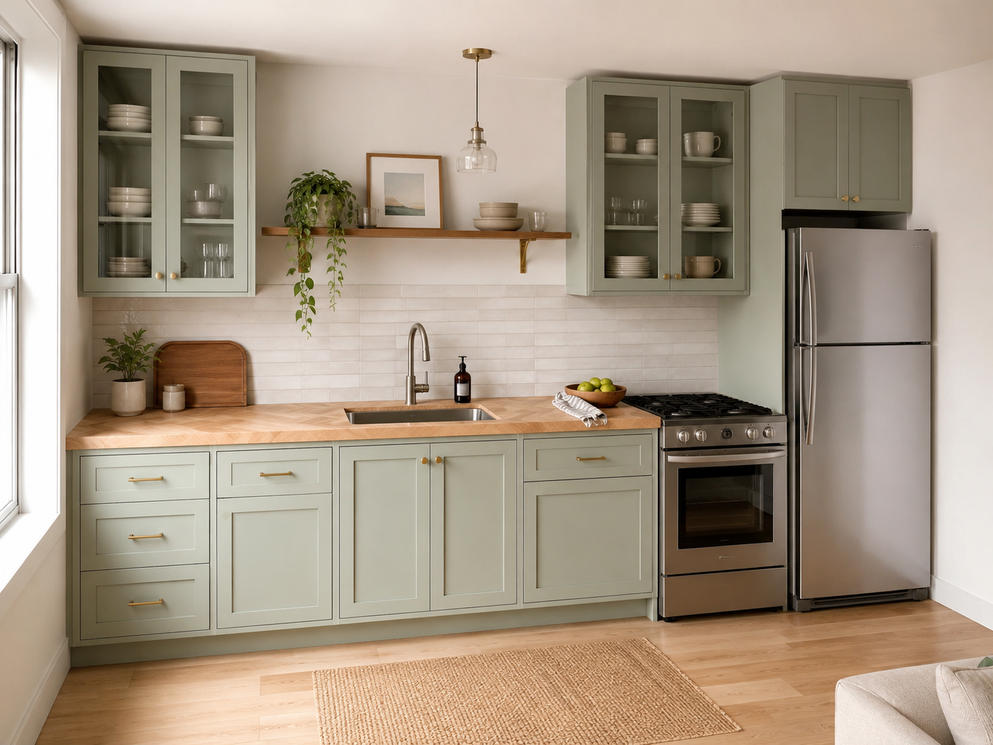 Single Wall Kitchen Light Green Cabinets