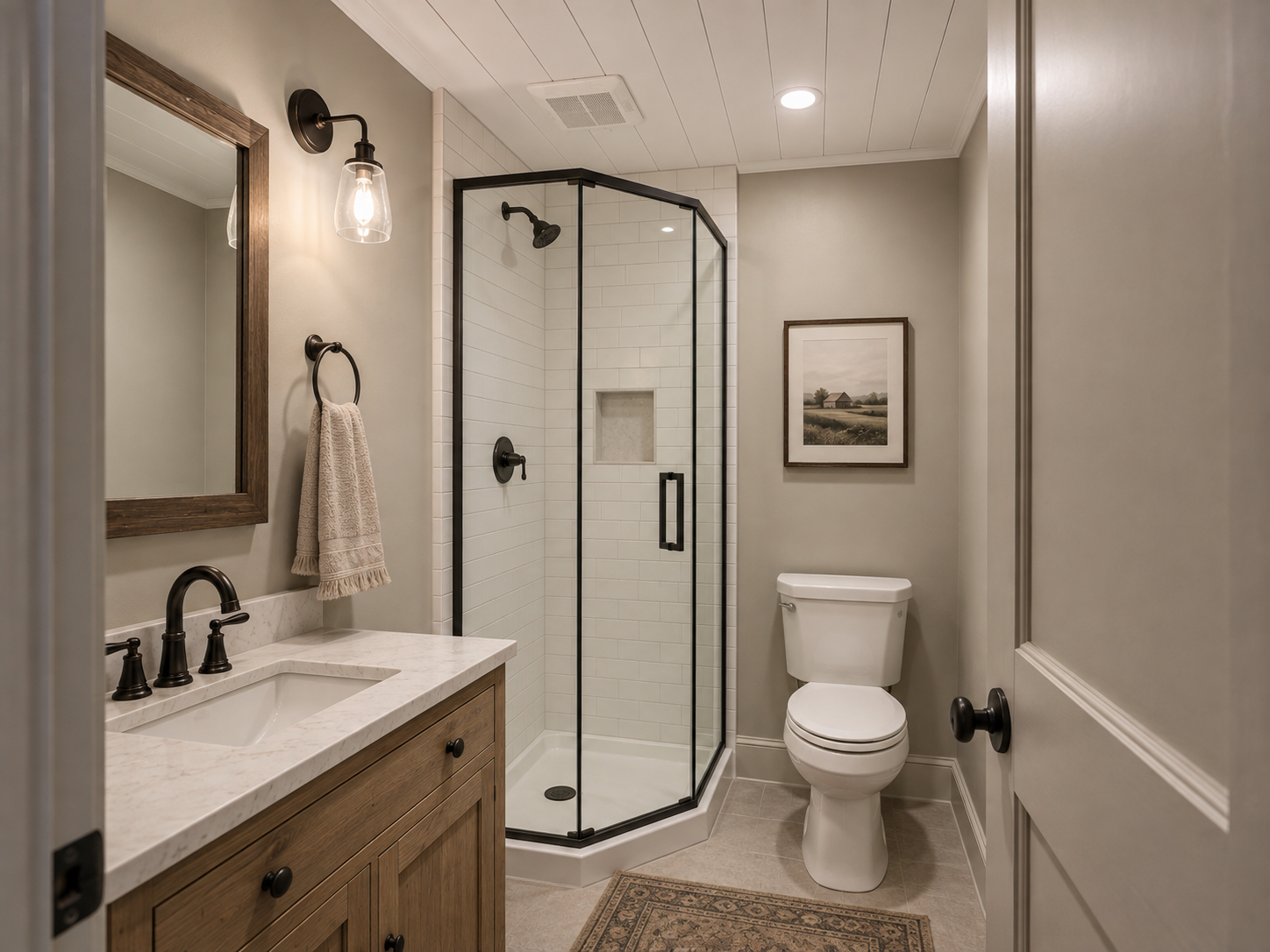 Small Bathroom Corner Shower White Shiplap