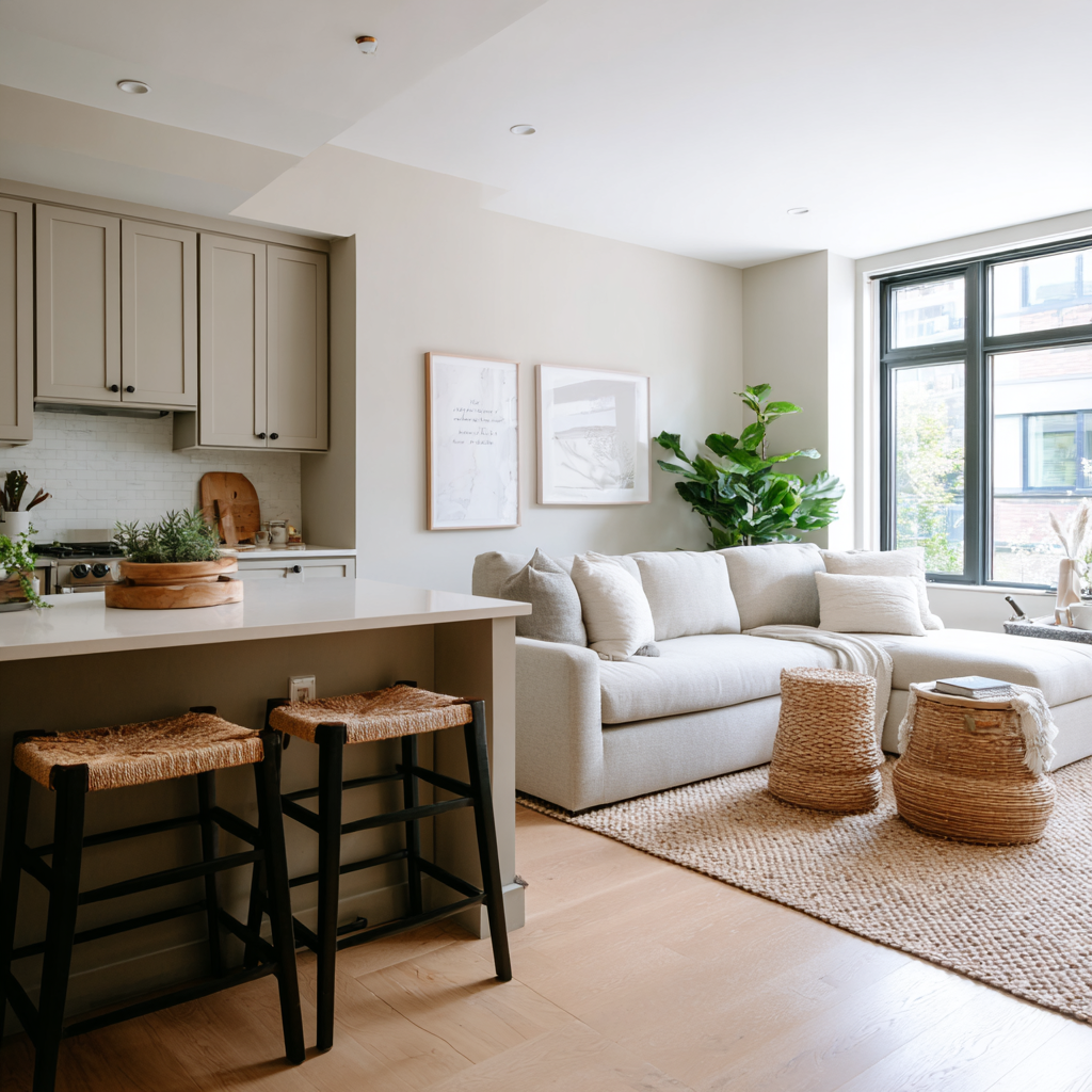 This image depicts a small, modern open-concept living area and kitchen featuring neutral tones, a grey sectional sofa on a jute rug, and a kitchen island with two woven barstools.
