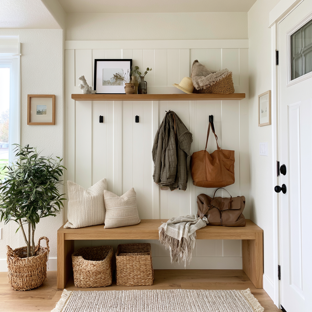 Small Entryway White Boards - Full-height board and batten lifting a low entryway wall.