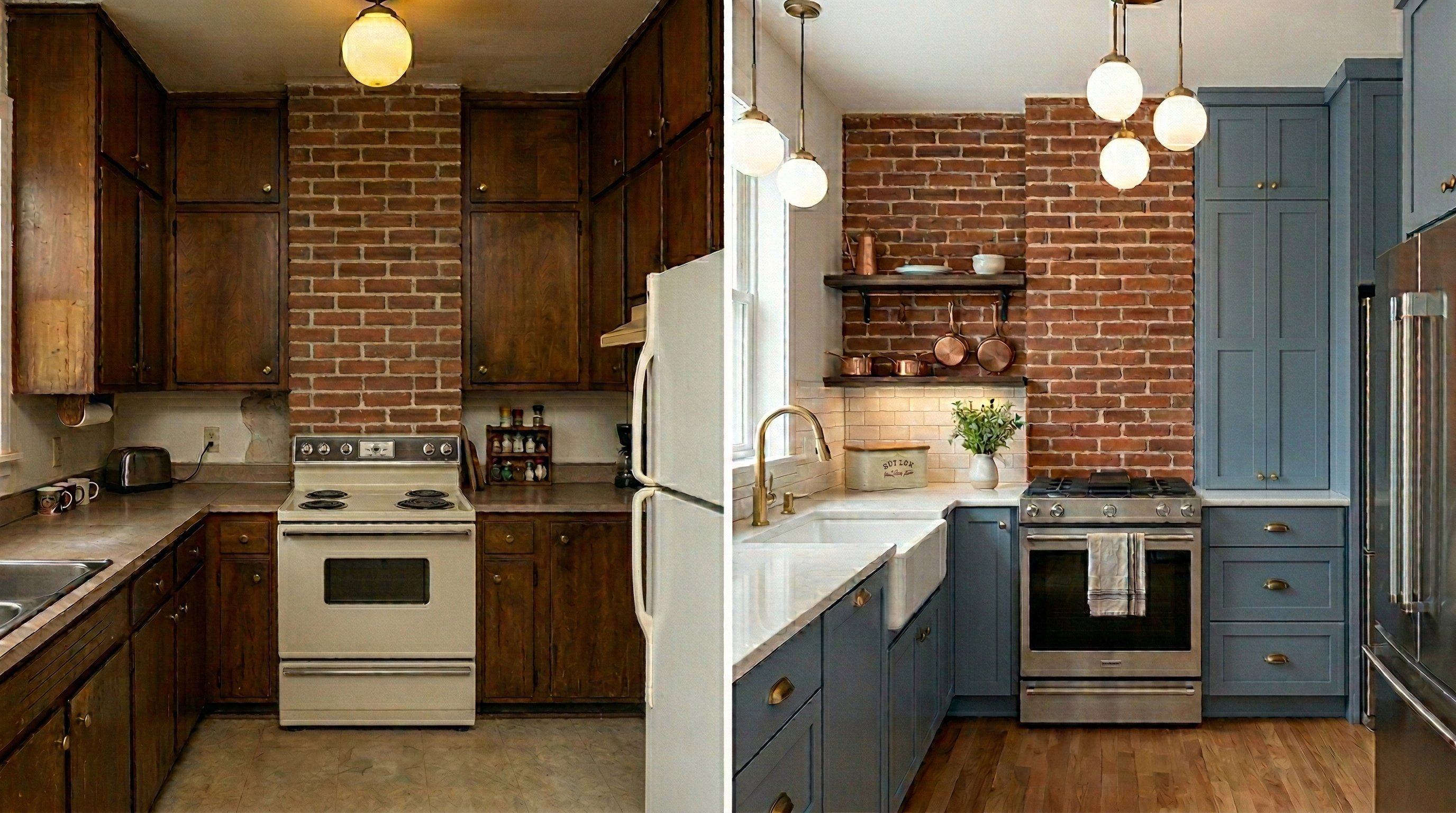 Before-and-after of a tiny kitchen with dark worn cabinets and an exposed brick wall transformed into slate blue shaker cabinets with marble countertops, a floating shelf on the brick wall displaying copper pots, and a cluster of glass globe pendants