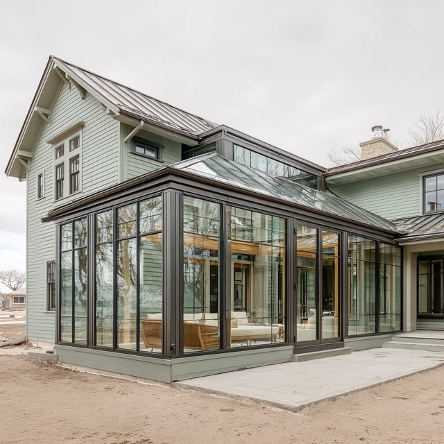  A modern solarium addition features floor-to-ceiling glass.