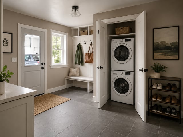 Spacious mudroom and laundry area featuring stacked white washer and dryer units.