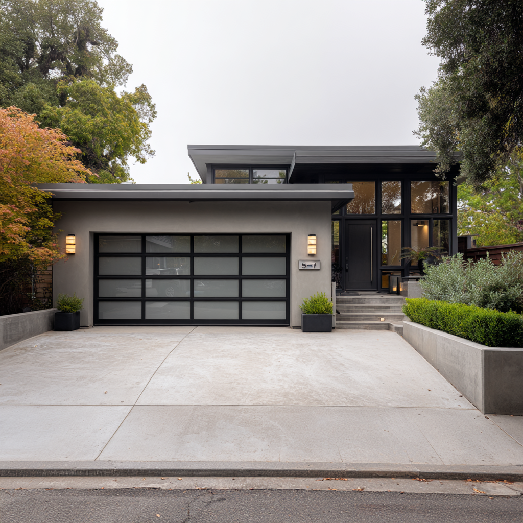  Modern grey home with a glass garage door and flat roofline.