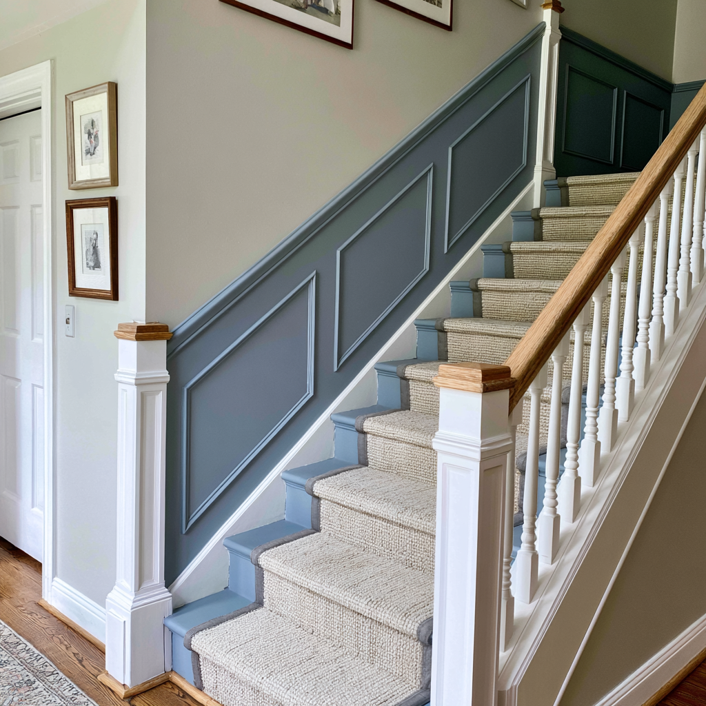 Stairs wainscoting - Panel wainscoting following a stair stringer, a layout that demands precise angle work.
