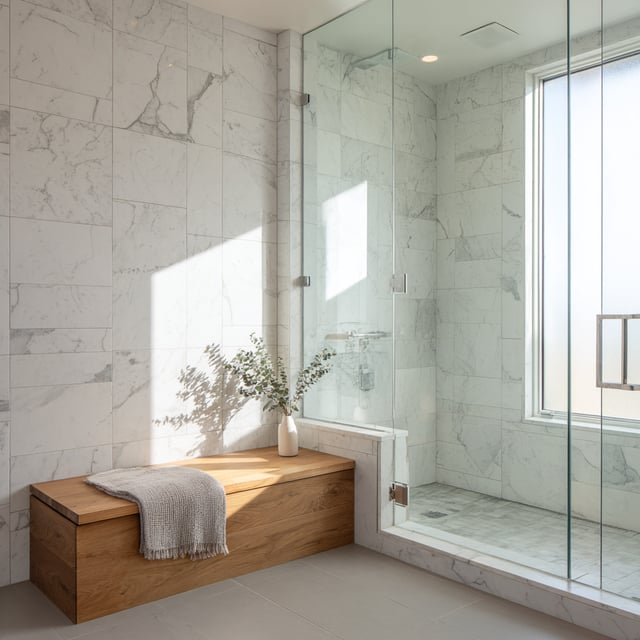 Modern marble steam shower with a wooden bench.