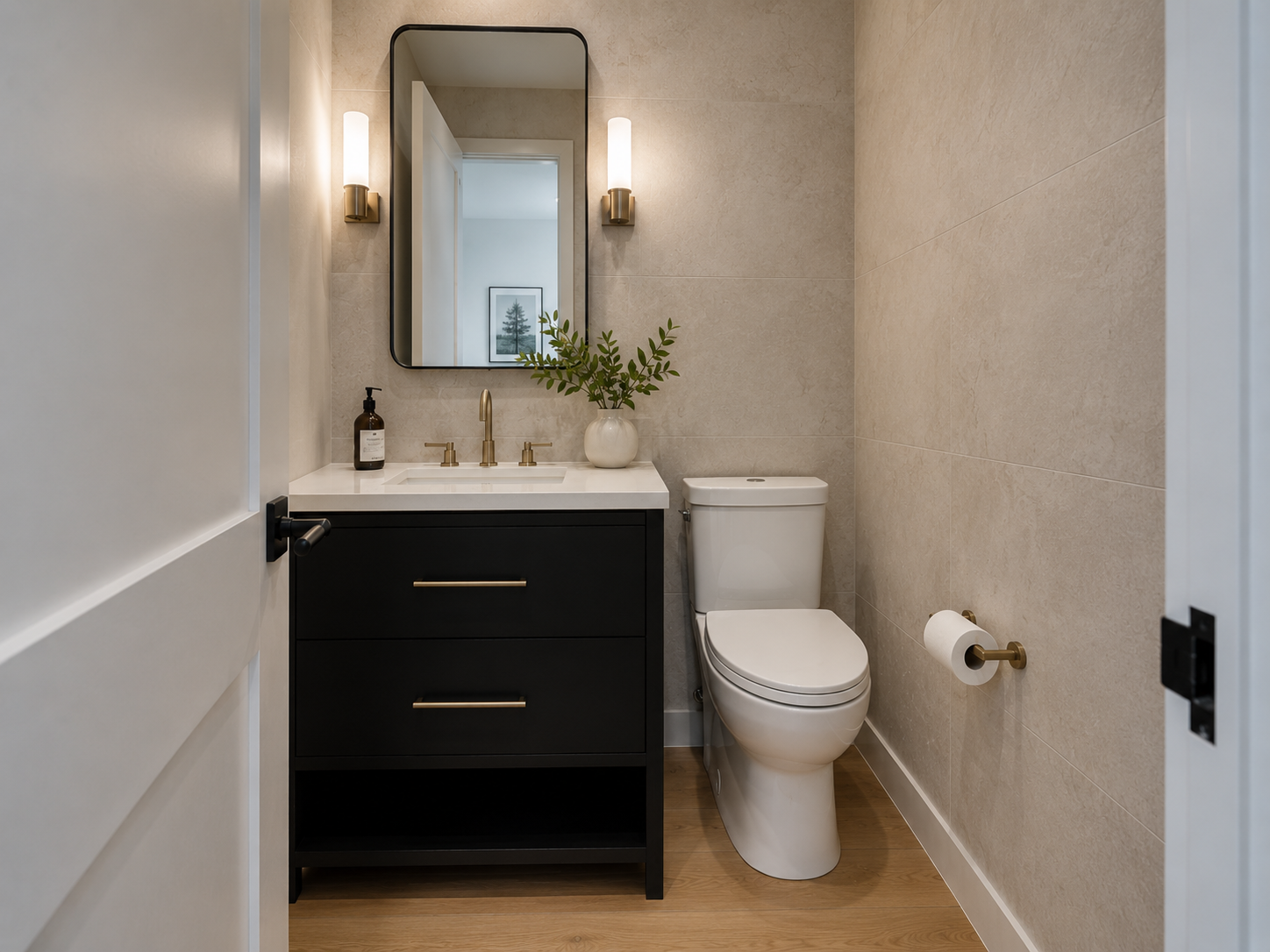 Stone Walls Wood Floor Bathroom