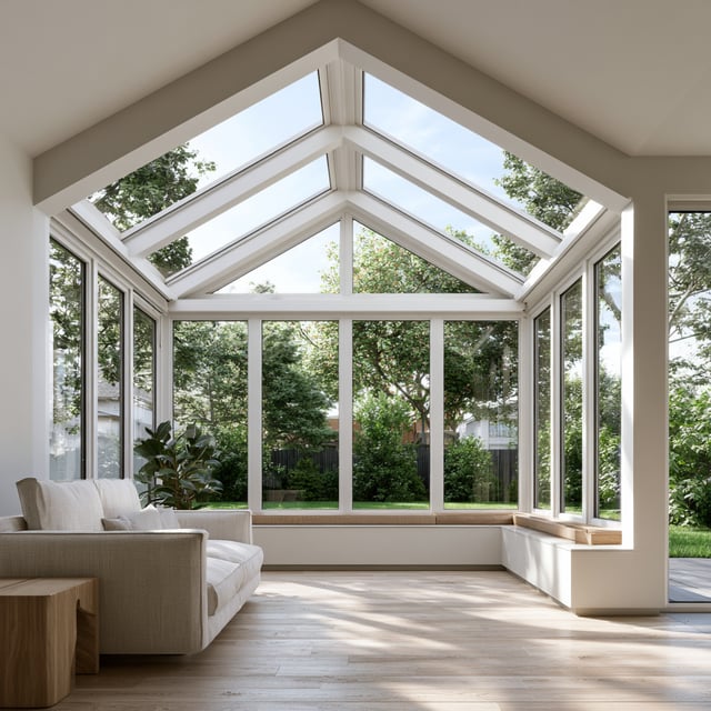 Modern sunroom with a glass gabled roof and large windows overlooking a lush garden.