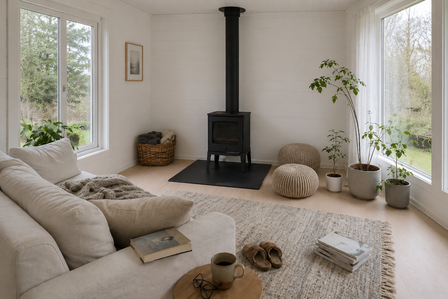 Sunroom with cast iron fireplace