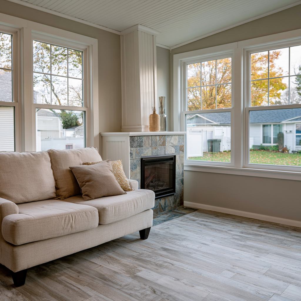 Sunroom with fireplace natural stone