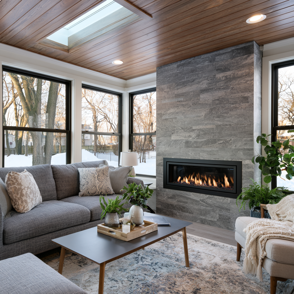 Sunroom with fireplace wood and stone