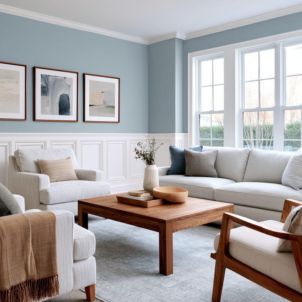 Tight but Stylish Blue Living Room - Flat-panel wainscoting capped with a chair rail.