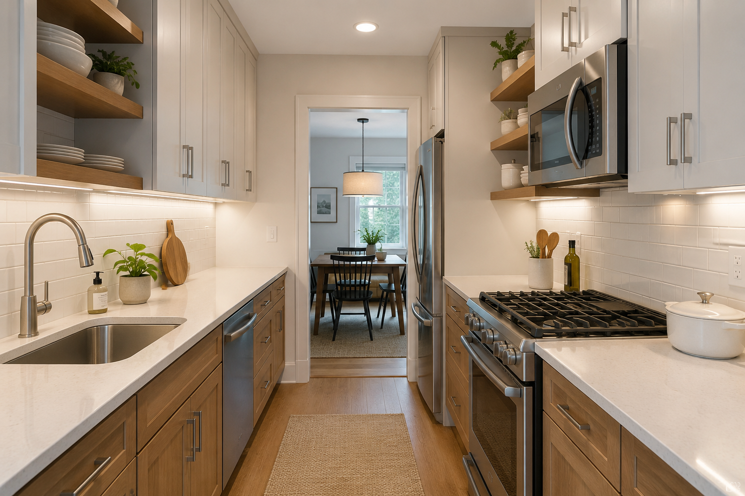 Trade a few solid uppers for open shelving-galley kitchen