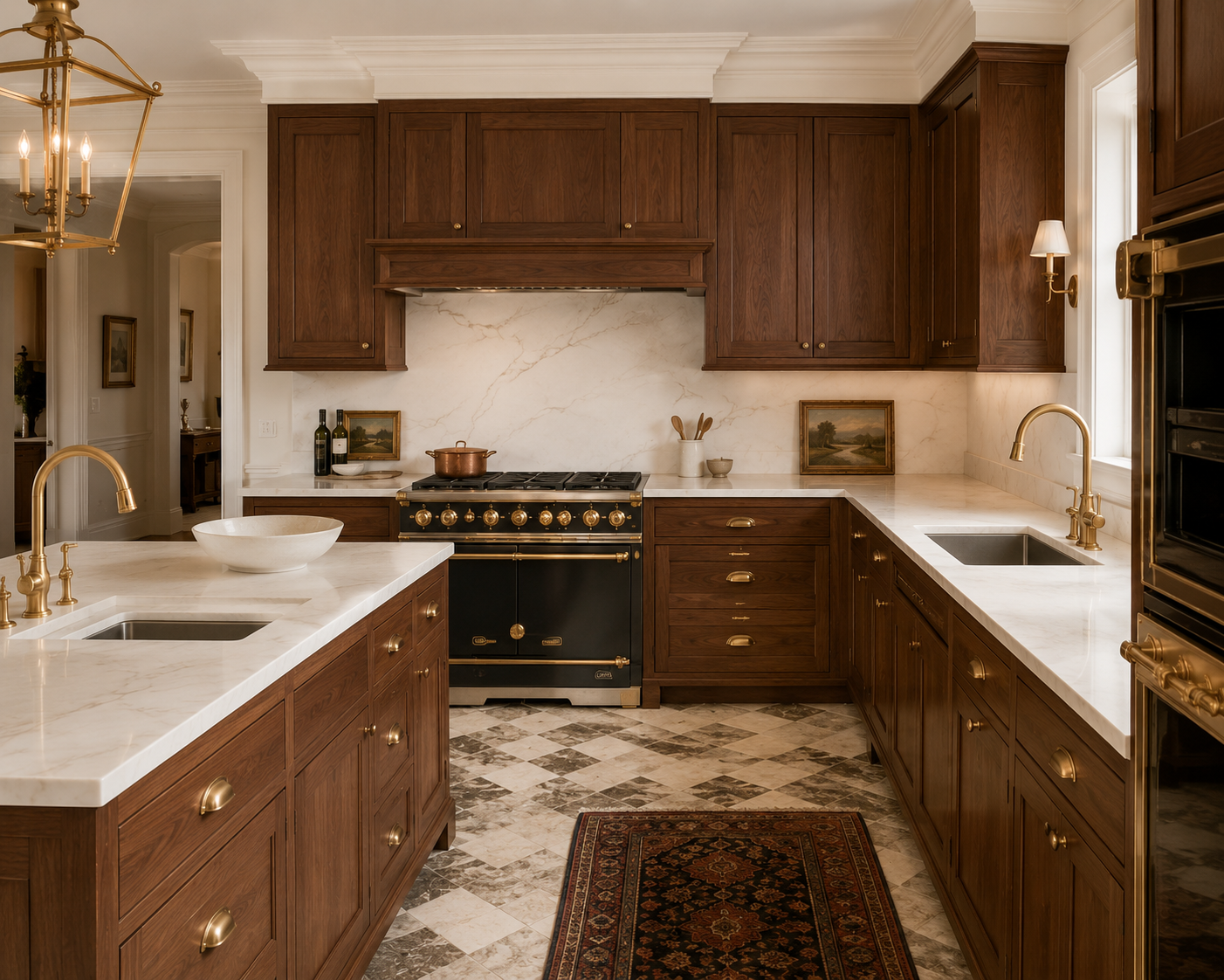 Traditional Kitchen Walnut Cabinets White Counters