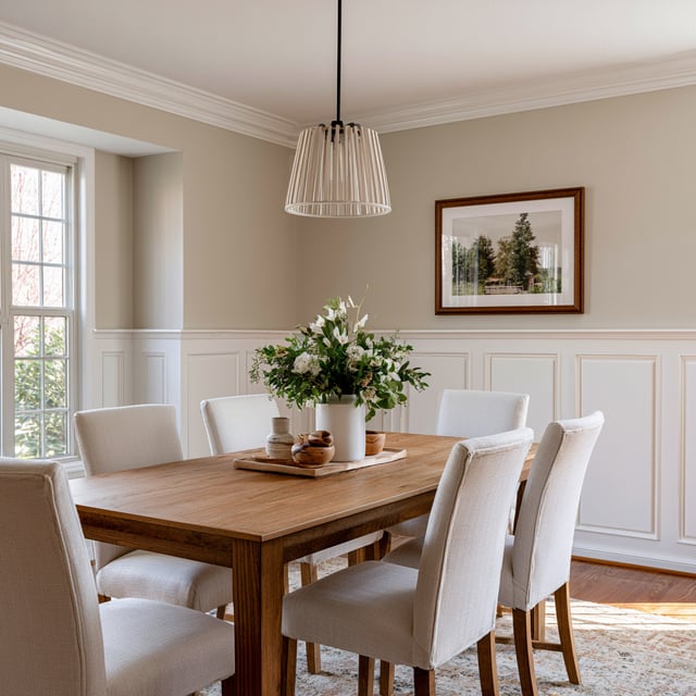 A transitional dining room featuring a wooden table set with white chairs, a slatted pendant light, and white wainscoting.