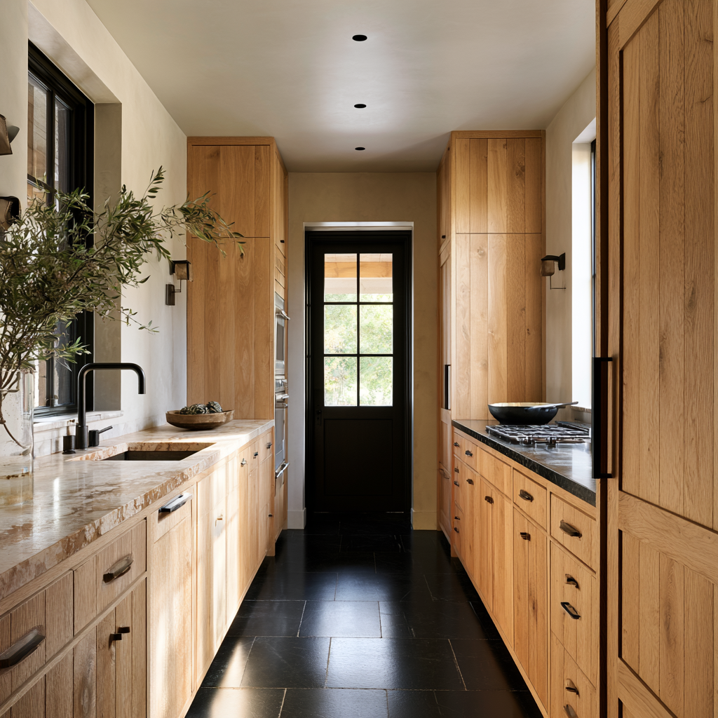 A narrow galley kitchen featuring light wood cabinetry, dark countertops, and black tile flooring.