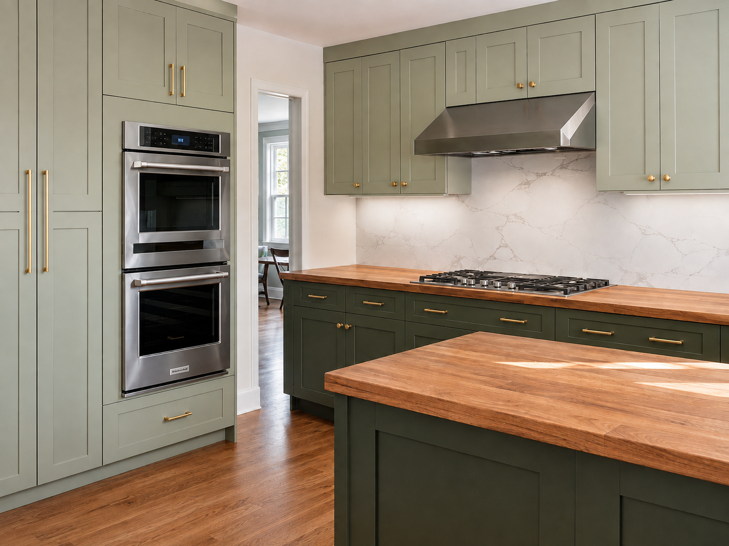 Two Tone Green Cabinets Butcher Block