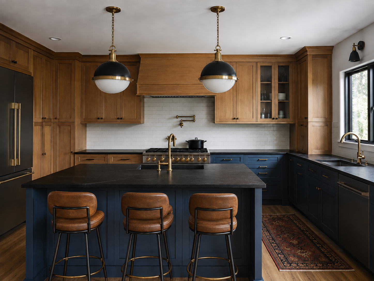Two Tone Wood and Blue Cabinets Black Countertops
