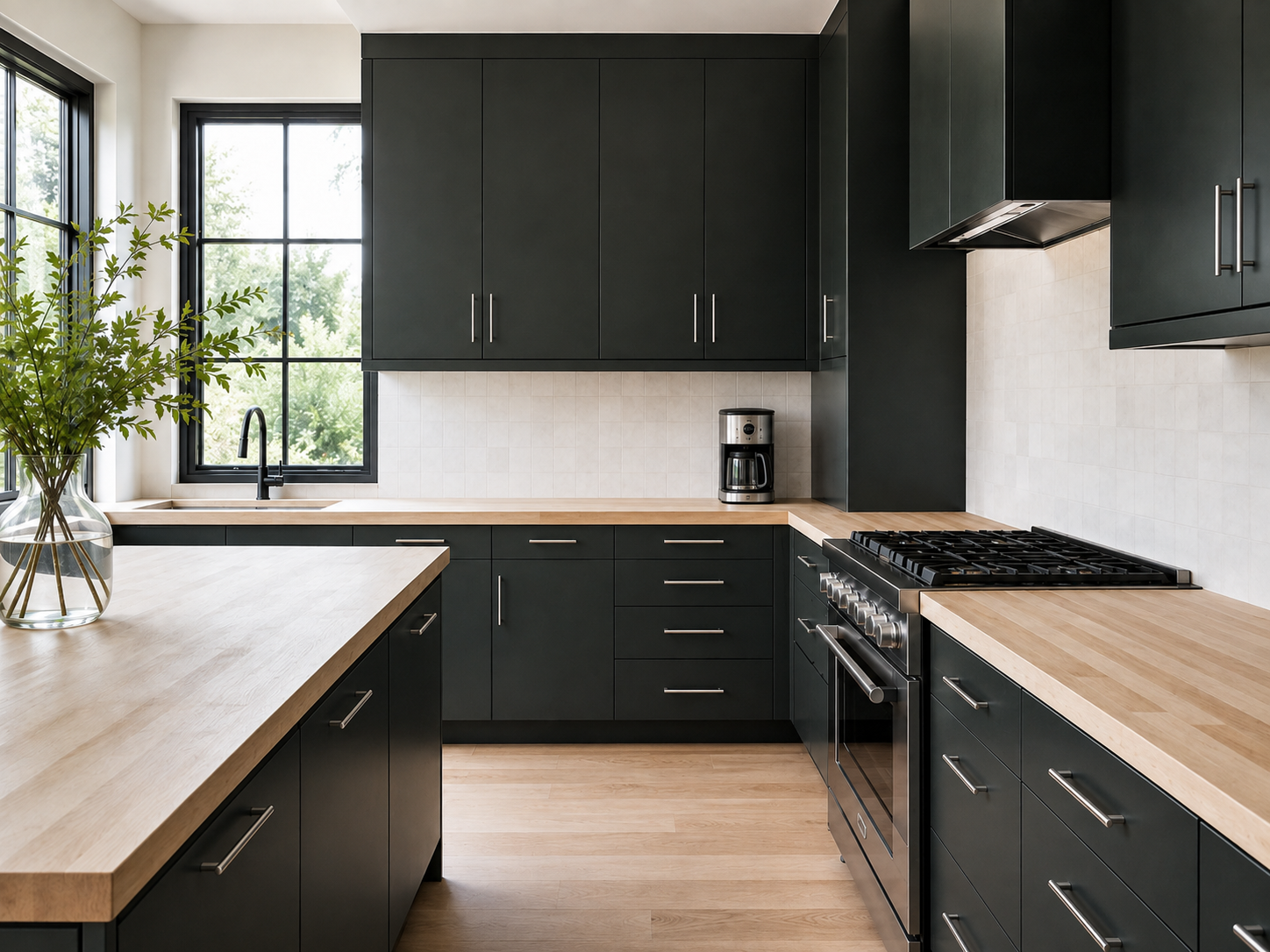 Very Dark Green Cabinets Light Butcher Block