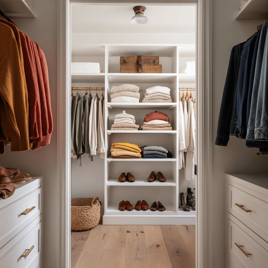 Organized walk-in closet with colorful clothes and shoes.