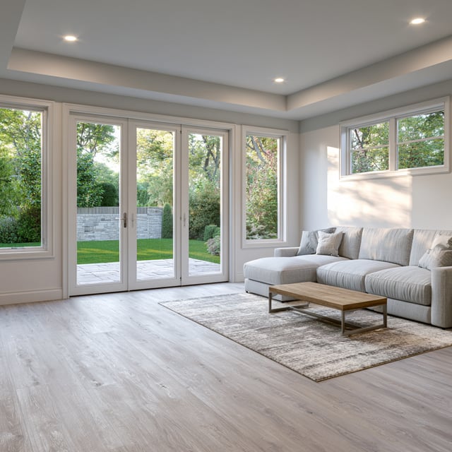 A bright living area featuring a gray sectional sofa, a wooden coffee table, and large glass doors leading to a patio.