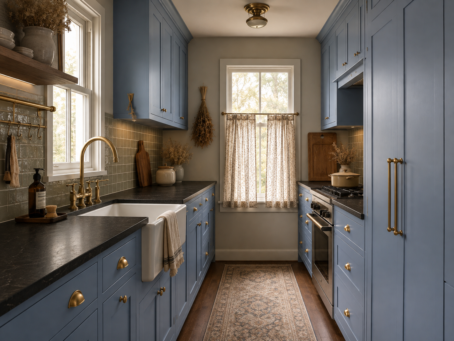 Warm blue kitchen cabinets cottage core