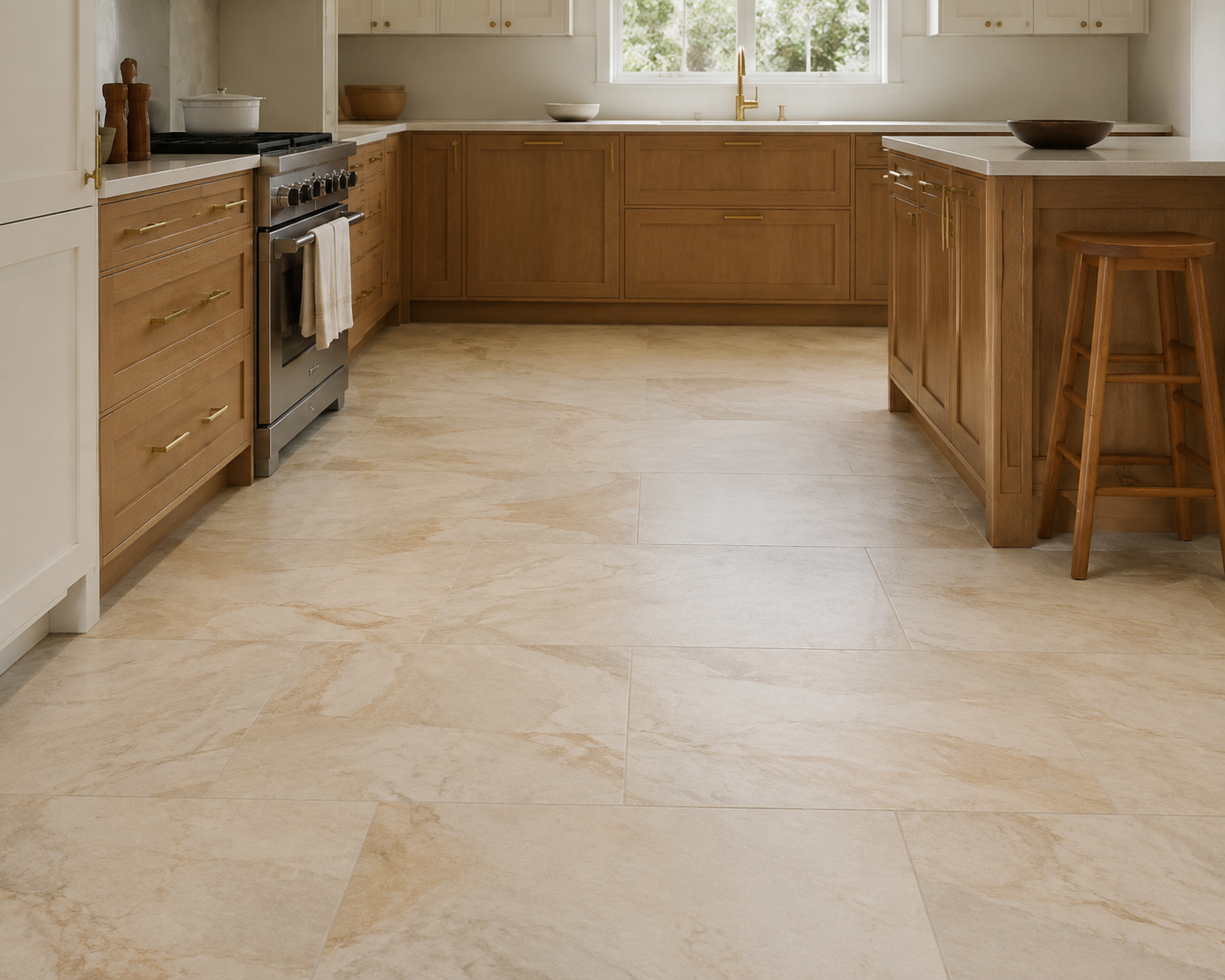 Warm family kitchen with Taj Mahal quartzite