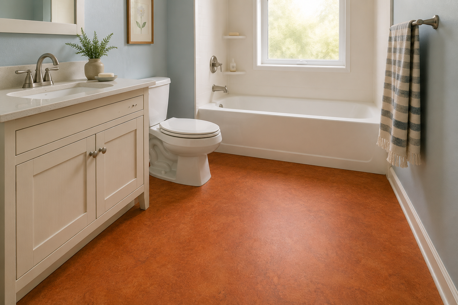 Welcoming Bathroom with Burnt-Sienna Linoleum