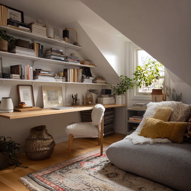 A cozy attic office with a sloped ceiling, wall shelves of books, a wooden desk, a cushioned chair, plants, and natural light from a small window.