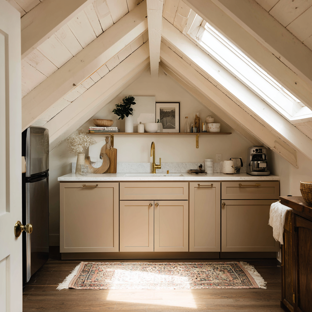 White Countertops and  Attic Kitchen Warm Brown