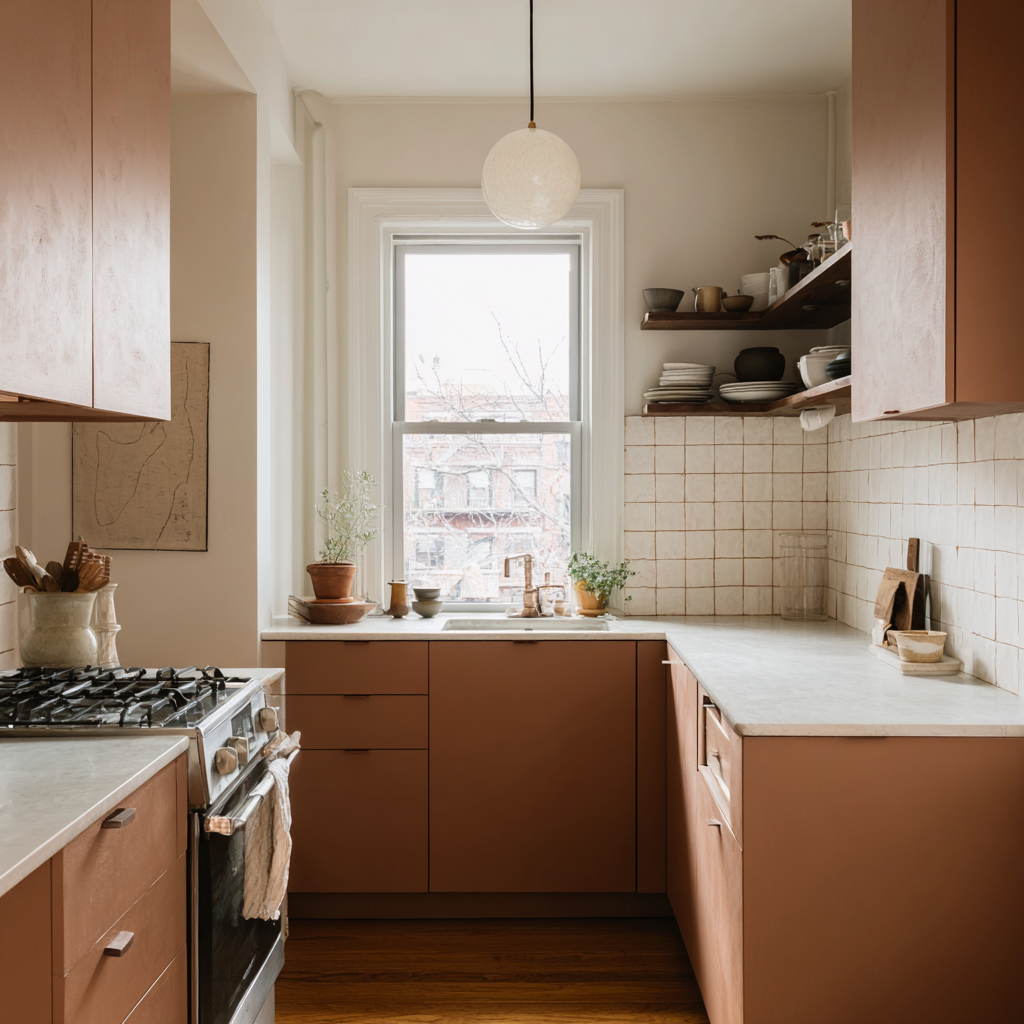 White Countertops and  Brown Cabinets and Grout