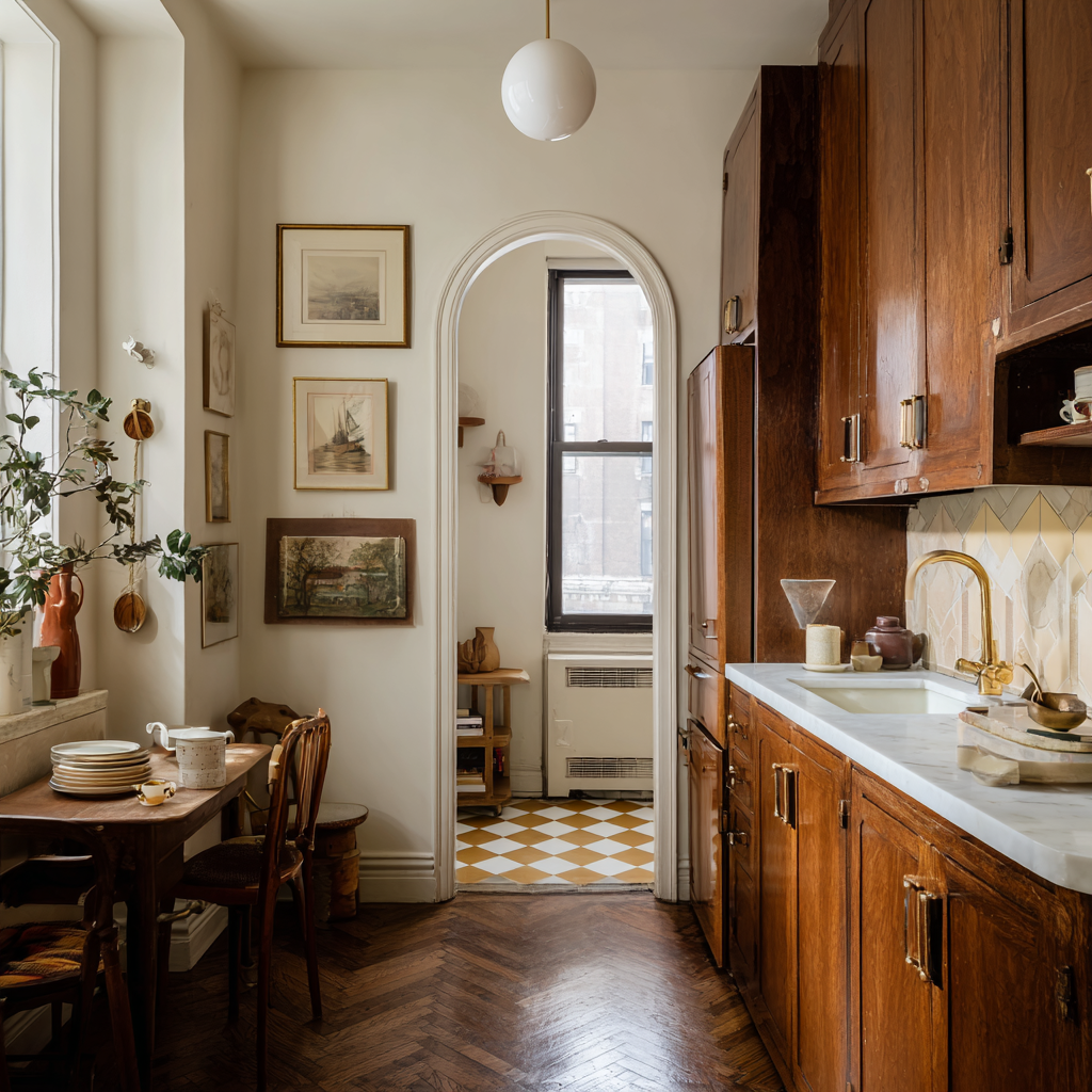White Countertops and  Brown White Kitchen One Wall