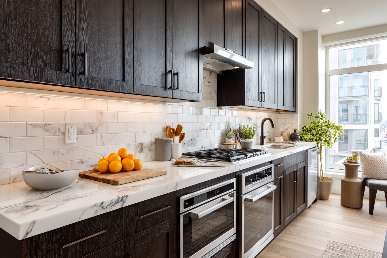 White Countertops and  Dark Brown Kitchen