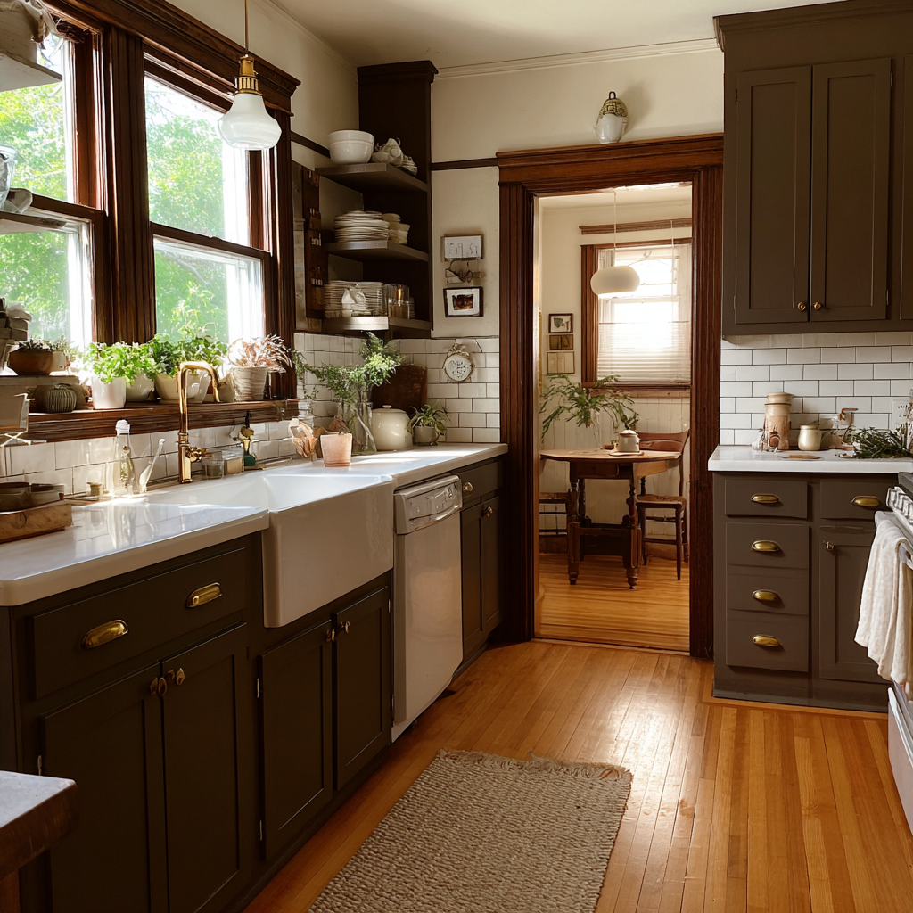 White Countertops and  Dark Brown lived In kitchen