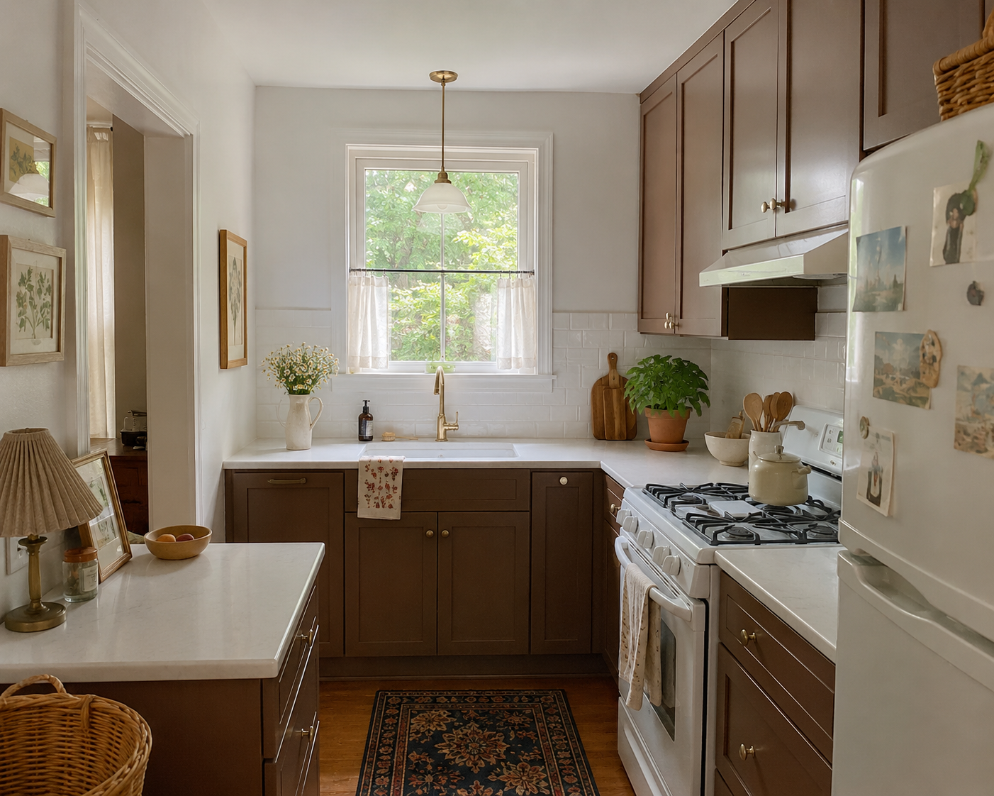 White Countertops and Simple Brown Kitchen