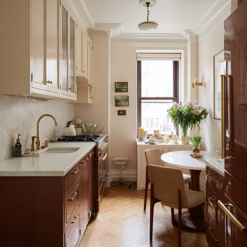 White Countertops and  Two Tone Cabinets Brown White
