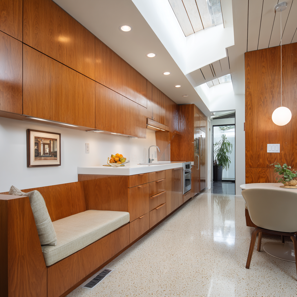 White Countertops and  Warm Wood MCM Kitchen