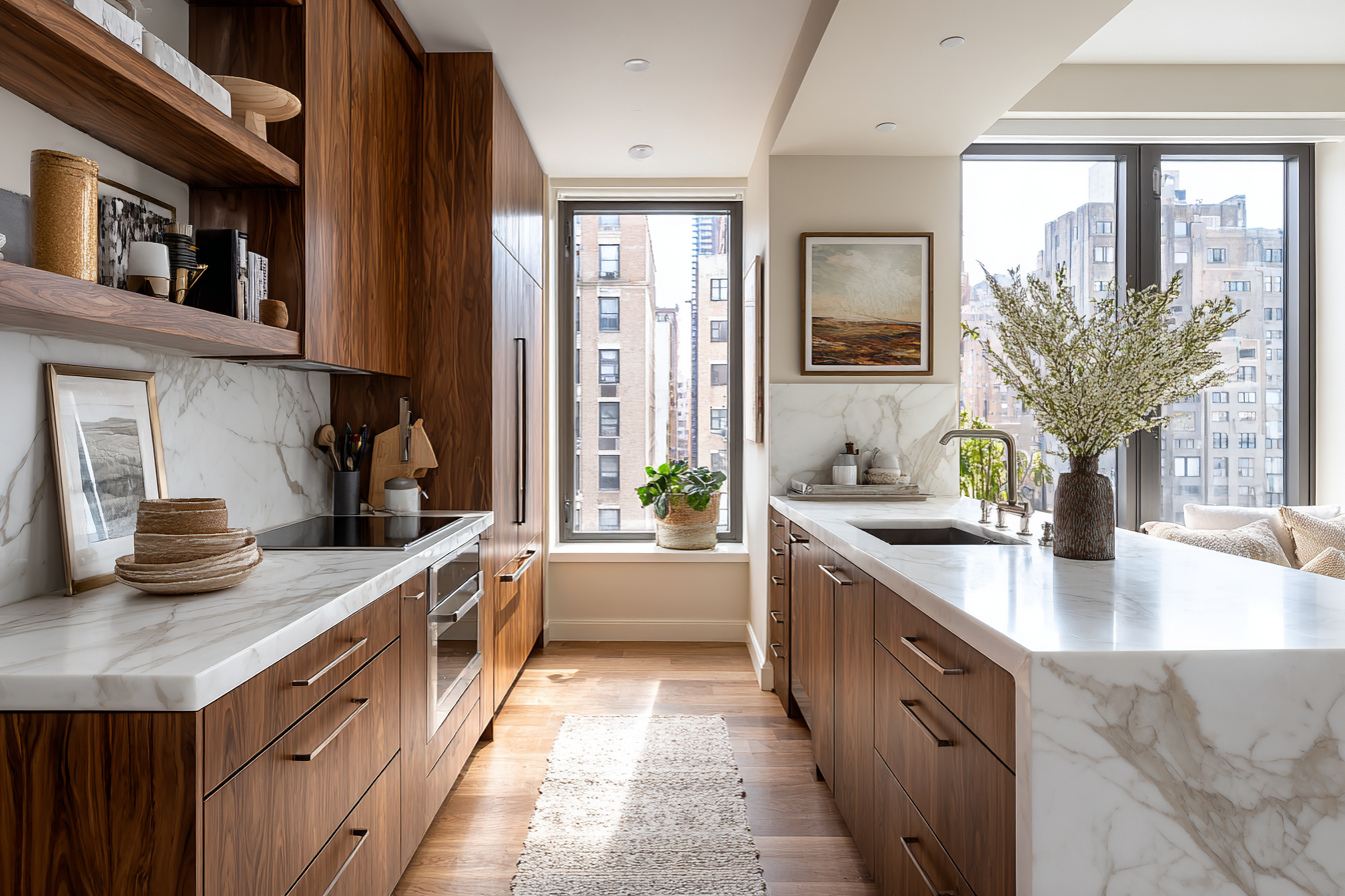 White Countertops and  Wood and Marble Kitchen