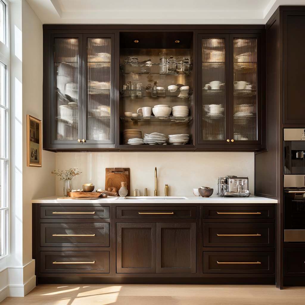 White Countertops and Dark Brown Cabinets With Glass