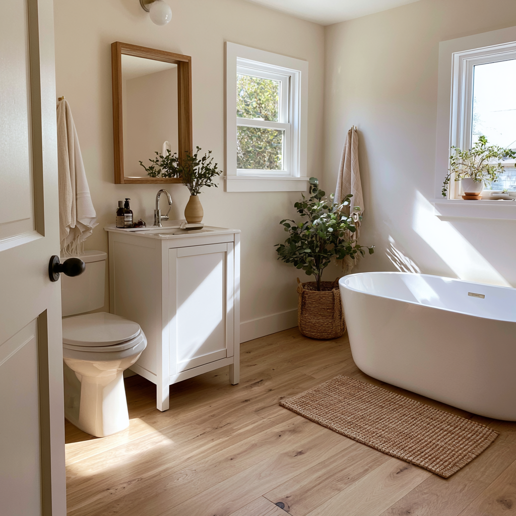 Wood Floor Bathroom Free Standing Tub