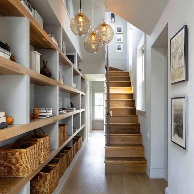A modern hallway with built-in wooden shelving and wicker baskets alongside a light wood staircase, illuminated by glass pendant lights and natural light from above.