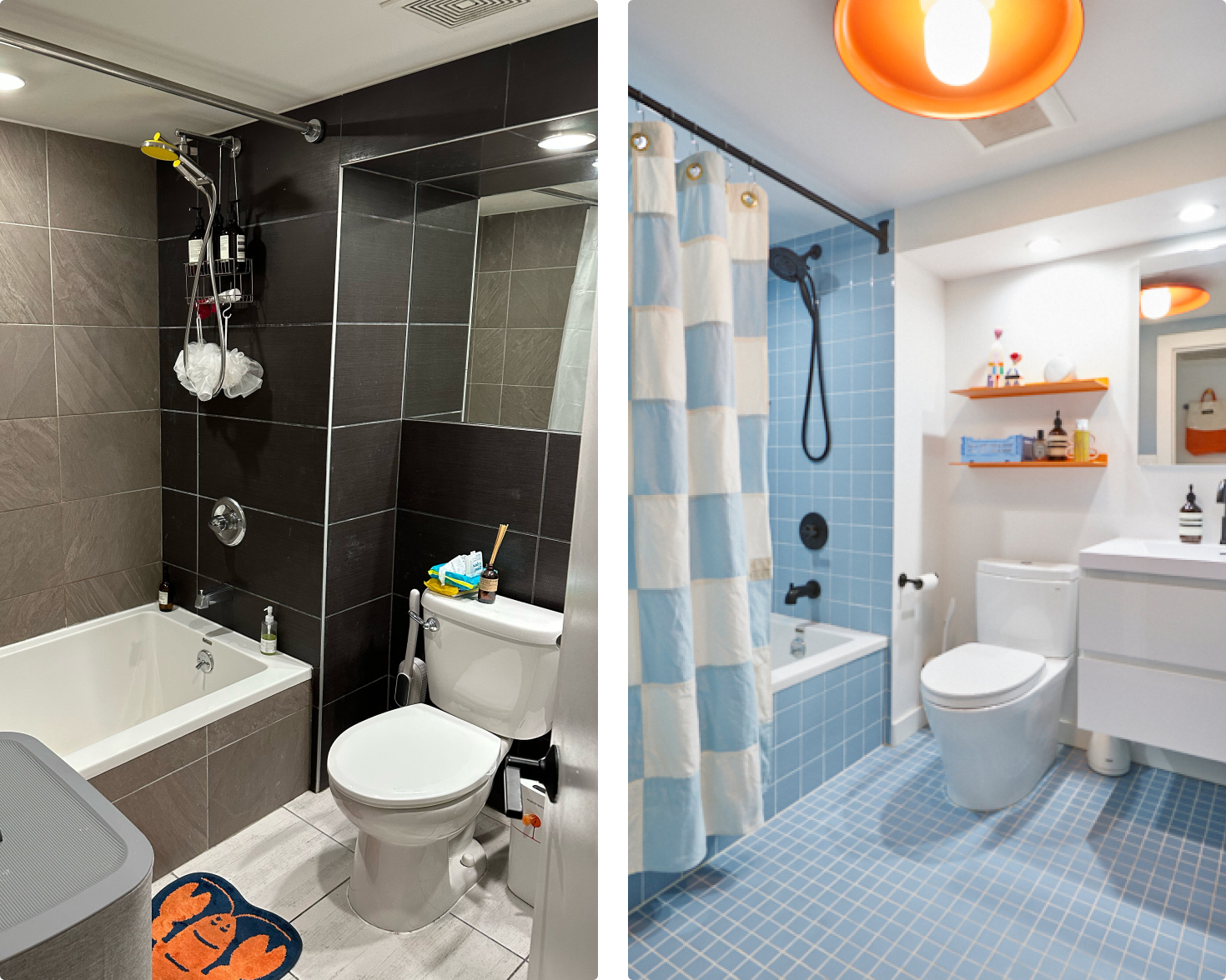 before-and-after-bathroom-remodel-sky-blue-tile-orange-pops