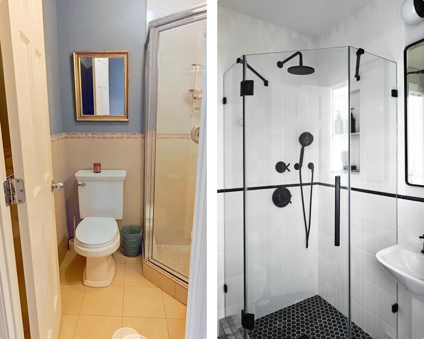 before-and-after-bathroom-remodel-corner-shower-black-fixtures