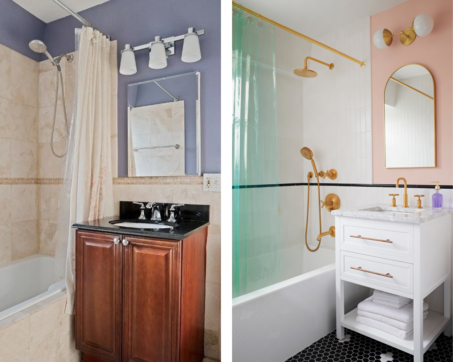 before-and-after-bathroom-remodel-salmon-pink-walls-gold-fixtures