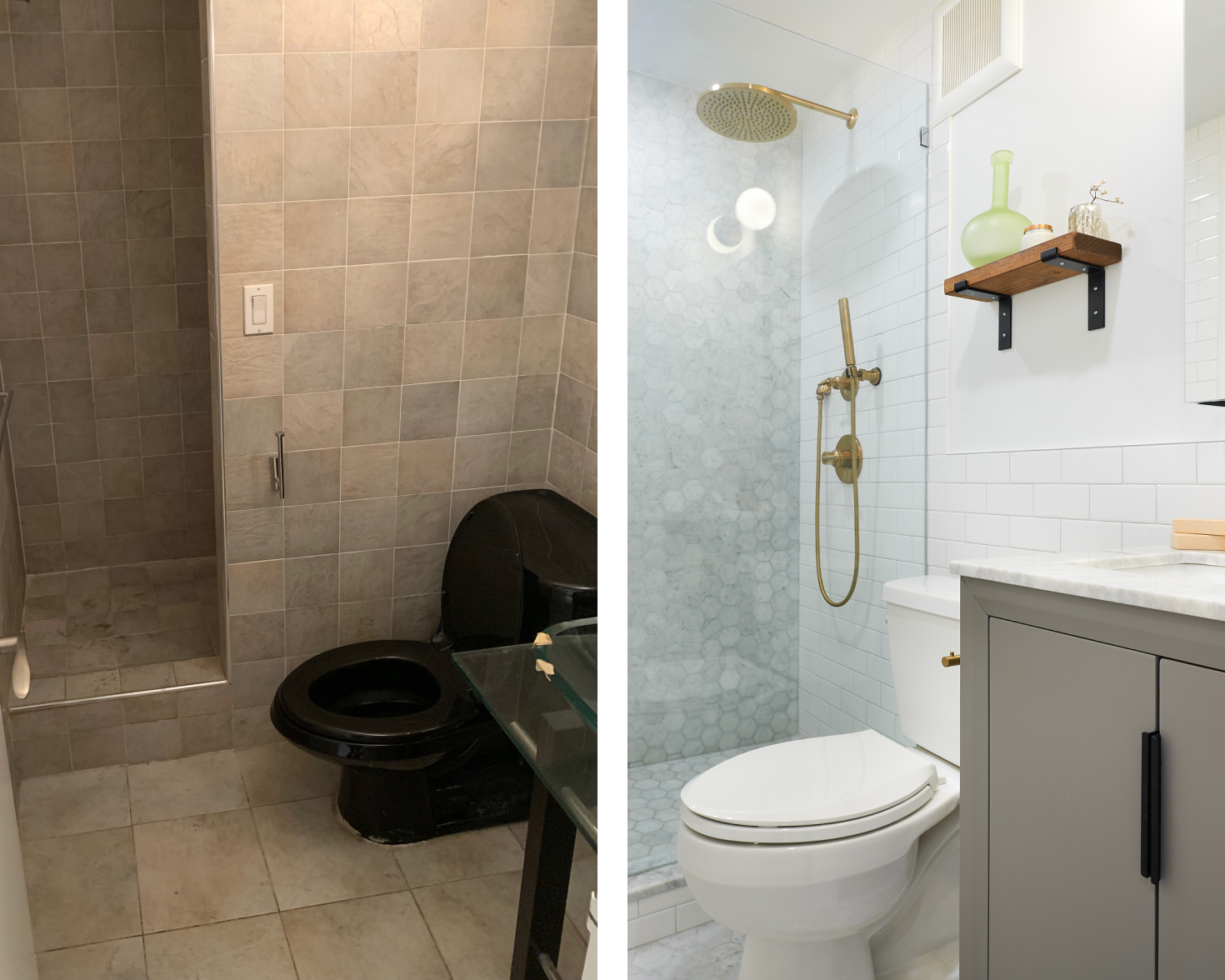 before-and-after-bathroom-remodel-white tile-gold-fixtures