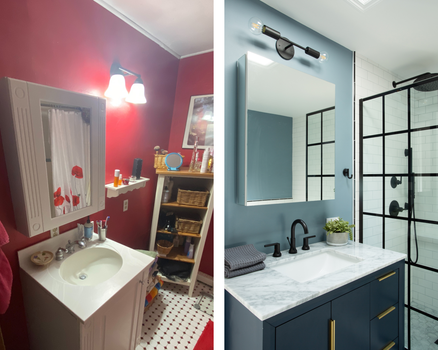 before-and-after-bathroom-remodel-blue walls-blue vanity-large mirror