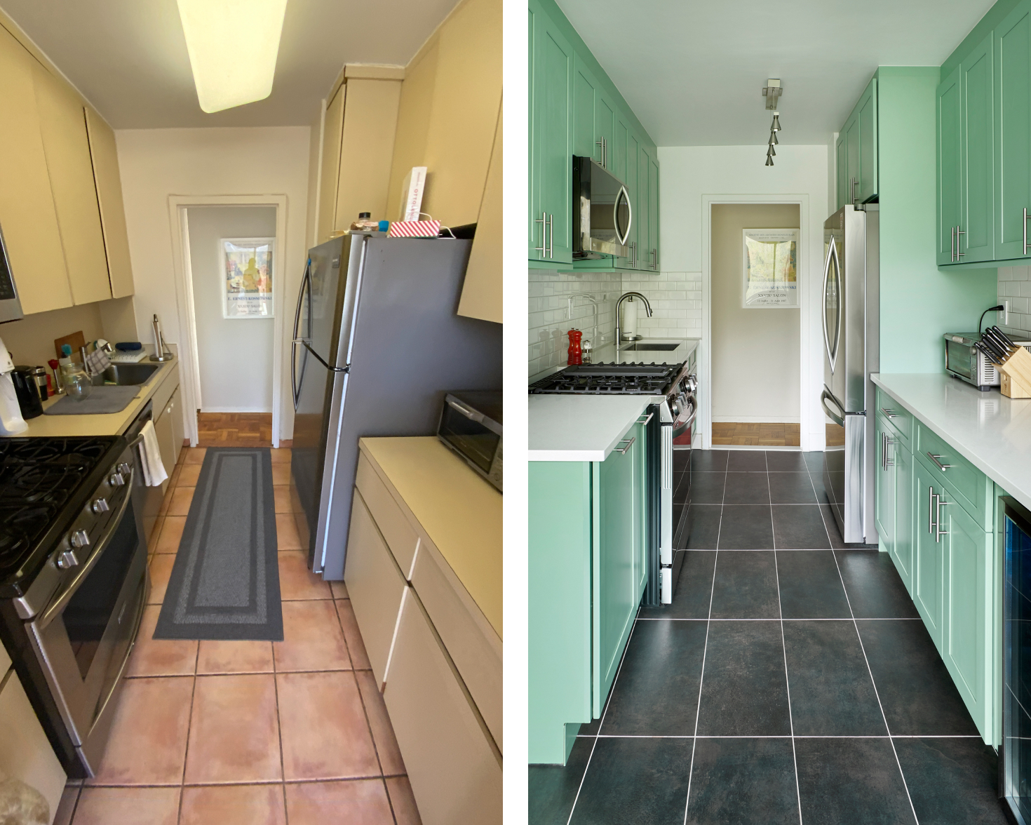 before-after-kitchen-remodel-black-floors-green-cabinets